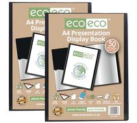 eco-eco A4 Size 50% Recycled 50 Pocket Black Presentation Display Book, Storage Case Portfolio Art Folder with Plastic Sleeves, Pack of 2, eco197x2