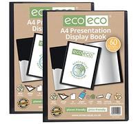 eco-eco A4 Size 50% Recycled 60 Pocket Black Presentation Display Book, Storage Case Portfolio Art Folder with Plastic Sleeves, (Pack of 2), eco020x2