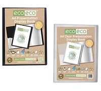 eco-eco A4 Size 50% Recycled 60 Pocket Presentation Display Book, Storage Case Portfolio Art Folder with Plastic Sleeves, Pack of 2 (1 Black and 1 Clear) eco020_99