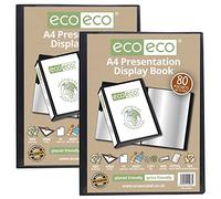 eco-eco A4 Size 50% Recycled 80 Pocket Black Presentation Display Book, Storage Case Portfolio Art Folder with Plastic Sleeves, (Pack of 2), eco066x2