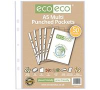 eco-eco A5 100% Recycled Multi Punched Pockets Glass Clear, Transparent Poly Wallet Sheet Protector, 45 Microns (50 Pockets), eco132