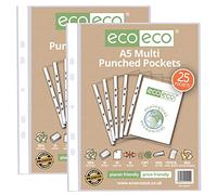eco-eco A5 100% Recycled Multi Punched Pockets Glass Clear, Transparent Poly Wallet Sheet Protector, 45 Microns (50 Pockets), eco012x2