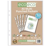 eco-eco A5 100% Recycled Premier Multi Punched Pockets Glass Clear, Transparent Poly Wallet Sheet Protector, 45 Microns (Pack of 100), eco109