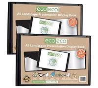 eco-eco A5 50% Recycled 20 Pocket Black Landscape Presentation Display Book, Storage Case Portfolio Art Folder with Plastic Sleeves, (Pack of 2), eco094x2