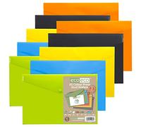 eco-eco A5 50% Recycled Assorted Colours Press Stud Popper Wallet, Plastic Folders (Pack of 10), Green, Black, Blue, Yellow, Orange, eco075x2