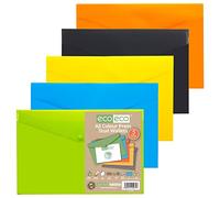 eco-eco A5 50% Recycled Assorted Colours Press Stud Popper Wallet, Plastic Folders (Pack of 5), Yellow, Green, Blue, Orange, Black