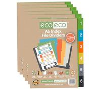 eco-eco A5 50% Recycled Set 6 Multi-Punched Index File Dividers, Multicoloured Tabbed 1-6 Ring Binder Subject Dividers, Pack of 6, eco024x6