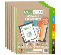 eco-eco A5 50% Recycled Set 6 Wide Multi-Punched Index File Dividers, Multicoloured Tabbed 1-6 Ring Binder Subject Dividers, Pack of 6, eco025x6
