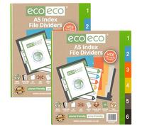 eco-eco A5 50% Recycled Set 6 Wide Multi-Punched Index File Dividers, Multicoloured Tabbed 1-6 Ring Binder Subject Dividers, Pack of 2, eco025x2
