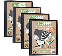 eco-eco A5 65% Recycled Presentation Ring Binder with 12 Multi Punched Pockets Black, Pack of 4, eco045x4