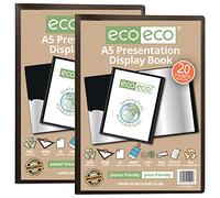 eco-eco A5 Size 50% Recycled 20 Pocket Black Presentation Display Book, Storage Case Portfolio Art Folder with Plastic Sleeves, eco001x2, (Pack of 2 Books)