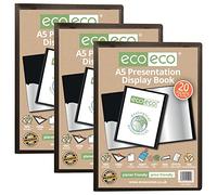 eco-eco A5 Size 50% Recycled 20 Pocket Black Presentation Display Book, Storage Case Portfolio Art Folder with Plastic Sleeves, eco001x3, (Pack of 3 Books)