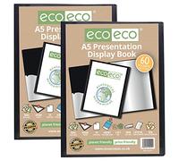 eco-eco A5 Size 50% Recycled 60 Pocket Black Presentation Display Book, Storage Case Portfolio Art Folder with Plastic Sleeves, eco019x2, (Pack of 2 Books)