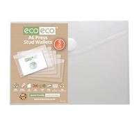 eco-eco A6 95% Recycled Clear Press Stud Popper Wallet, Plastic Folders (Pack of 5), eco155