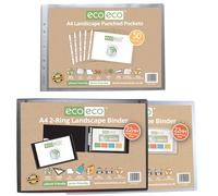eco-eco Pack of 2 A4 95% Recycled Presentation 22mm Spine 2 Ring Landscape Binder Black/Clear Plus a Pack of 50 Landscape Punch Pockets, eco145_146_204