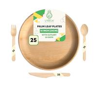 Eco-Friendly Areca Palm Leaf Catering Pack | 10" Round Plates (25) + Birchwood Cutlery (Forks, Knives, Spoons - 25 Each) | Total Pack of 100 | Ideal for Buffets | Leakproof, Sturdy, Biodegradable