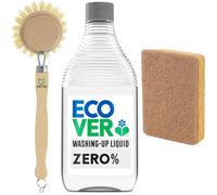 Eco Friendly Cleaning Bundle Ecover Zero Washing Up Liquid 450ml with Pryse Compostable Eco Sponge Scourer & Wooden Dish Brush