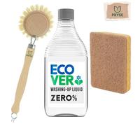 Eco Friendly Cleaning Products Bundle Ecover Zero Washing Up Liquid 450ml with Pryse Compostable Eco Sponge Scourer & Wooden Dish Brush