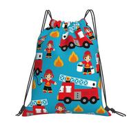 Eco Friendly Drawstring Bag Cartoon Fireman Fire Truck, Foldable Trainer Bags, Unisex School Bags, for Teenager Hiking 36X42cm
