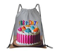Eco Friendly Drawstring Sport Bag Happy Birthday Cake Print Swim String Backpack Unisex Gym Backpack for Kids Holidays Shopping 36X42cm