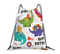 Eco Friendly Drawstring Swimming Bag Dinosaur Pattern Happy Birthday, Daily Gym Backpack, Unisex Swim Bags, for Beach Holidays 36X42cm