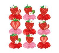Eco-Friendly Strawberry Decorations 9 PCS - Honeycomb Paper Centerpieces for Cake Tables, Baby Showers and UK Parties