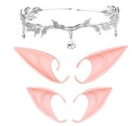 ECO-FUSED Cosplay Set - Fairy, Elf, Anime Costume - Includes 1x Leaf Headband Rhinestone Drop Headwear, 1x Pair of Long Elf Ears, 1x Pair of Short Elf Ears