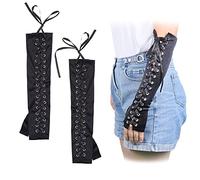 ECO-FUSED Satin Gloves Lace Up Fingerless Elbow Length Adjustable Cuff for Cosplay Halloween Fancy Dress Theme Costume Party Steampunk Goth Style, black/white, One size