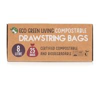 Eco Green Living 8L Compostable Bin Bags, Biodegradable, Plant-Based, Plastic-Free, Recyclable Drawstring Caddy Liners, Strong & Leak-Proof, Ideal for Office, Kitchen & Food Caddies, 25 Bags