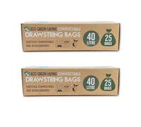 Eco Green Living Certified Compostable & Recyclable 40l Large Drawstring Bin Liners. Biodegradable, Plastic Free & Strong Leak Proof bin Bags. A Refuse Sack For all Kitchen Bins 30l and 40l. 50 Bags