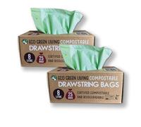 Eco Green Living Certified Compostable & Recyclable Drawstring 8 Litre Bin Liners. Biodegradable & Plastic Free. Strong Leak Proof Caddy Bags. A Refuse Sack For The Bathroom, Bedroom, Office. 50 Bags