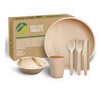 ECO Leaf 175 Pcs Disposable Palm Leaf Dinner Set | 25 X 10 Round Plates, 5" Round Bowls, 8oz Bamboo Paper Cups, Wooden Cutlery Set | Eco-Friendly Heavy-Duty Bundle for Wedding, Party, Picnic