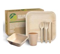 ECO Leaf 175 Pcs Disposable Palm Leaf Dinner Set | 25 X 10 Square Plates, 5" Square Bowls, 8oz Bamboo Paper Cups, Wooden Cutlery Set | Eco-Friendly Heavy-Duty Bundle for Wedding, Party, Picnic