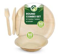 Eco Leaf 250pcs Disposable Palm Leaf Plates, Bowls and Wooden Cutlery Set - 50 Large Round Plates, 50 Bowls, 50 Forks, Knives and Spoons - Eco-Friendly, Oven Safe, Ideal for Parties