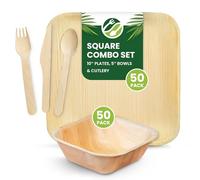 Eco Leaf 250pcs Disposable Palm Leaf Plates, Bowls and Wooden Cutlery Set - 50 Large Square Plates, 50 Bowls, 50 Forks, Knives and Spoons - Eco-Friendly, Oven Safe, Ideal for Parties and Events