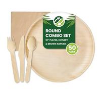 Eco Leaf 250pcs Disposable Palm Leaf Plates, Wooden Cutlery Set, Brown Napkins - 50 Large Round Plates, 50 Forks, Knives, and Spoons, 50 Brown Napkins - Eco-Friendly, Suitable for Parties