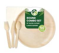 Eco Leaf 250pcs Disposable Palm Leaf Plates, Wooden Cutlery Set, White Napkins - 50 Large Round Plates, 50 Forks, Knives, and Spoons, 50 White Napkins - Eco-Friendly, Suitable for Parties