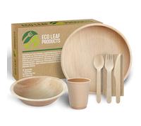 ECO Leaf 350 Pcs Disposable Palm Leaf Dinner Set | 50 X 10" Round Plates, 7" Round Bowls, 8oz Bamboo Paper Cups, 4 Wooden Cutlery Set | Eco-Friendly, Biodegradable Heavy-Duty for Wedding, Party