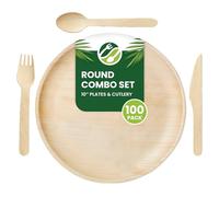 Eco Leaf 400pcs Disposable Palm Leaf Plates and Wooden Cutlery Set - 100 Large Round Plates, 100 Forks, 100 Knives, 100 Spoons - Eco-Friendly, Biodegradable, Perfect for Parties, Events, and Catering