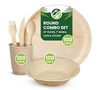 Eco Leaf 600pcs Disposable Palm Leaf Plates, Bowls, Cups and Wooden Cutlery Set - Includes 100 Round Plates, 100 Bowls, 100 Cups, 100 Forks, Knives and Spoons - Eco-Friendly, Compostable for Parties