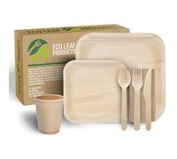 ECO Leaf 700 Pcs Disposable Palm Leaf Dinner Set | 100 X 10 Square Plates, 6" Square Canape Plate, 8oz Bamboo Paper Cups, Wooden Cutlery Set | Eco-Friendly Heavy-Duty Pack for Wedding, Party, Picnic