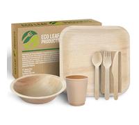 ECO Leaf 700 Pcs Disposable Palm Leaf Dinner Set | 100 X 10 Square Plates, 7" Round Bowls, 8oz Bamboo Paper Cups, Wooden Cutlery Set |Eco-Friendly, Biodegradable Heavy-Duty for Wedding, Party, Picnic
