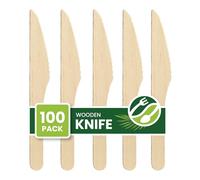 Eco Leaf Disposable Wooden Knives - Pack of 100, 16cm, Compostable, Eco-Friendly Cutlery Set for Weddings, Picnics, BBQs, Parties, Catering & Outdoor Dining