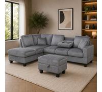 Eco Living Valentina Left Hand Facing Corner Sofa With Ottoman Footstool And Drop Down Table