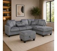 Eco Living Valentina Right Hand Facing Corner Sofa With Ottoman Footstool And Drop Down Table
