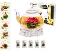 ECO NAVA Five Star Gift Flower Tea Gift Box Set: 750ml Glass Teapot with Filter Infuser, Heart Glass Warmer & 5 Blooming Flowering Green Tea Balls …