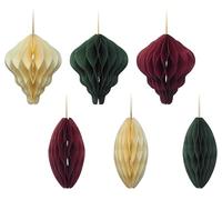 Eco Paper Christmas Baubles, Honeycomb Lantern Oval Green Cream Red - Set of 6