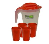 ECO Plastic Jug 2 Litre with 4 Cups | Semi-Transparent Jugs with Lid | Durable Drink Pitcher | Large Plastic Picnic Jugs | Multi-Colour Juice Jug for Parties & Outdoor Use (Red)