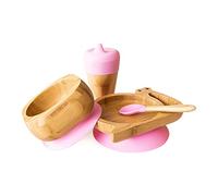 eco rascals Bamboo Gift Set - Complete Weaning Set of Snail Plate, Suction Bowl, Matching Spoon & Cup with Sippy Feeder from 6 Months, Eco Friendly Set for Babies & Toddlers (Snail Gift Set Pink)