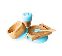 eco rascals Bamboo Gift Set - Complete Weaning Set of Snail Plate, Suction Bowl, Matching Spoon & Cup with Sippy Feeder from 6 Months, Eco Friendly Set for Babies & Toddlers (Snail Gift Set Blue)